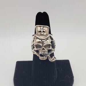 Gangster Skull Head with Moving Pipe and Hat Biker Rider Ring Size 8 18.95g